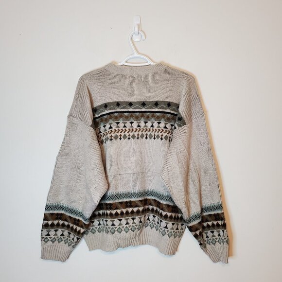 Vintage 90s Dog Camping Nature Knit Sweater Tan Size L - Picture 2 of 4